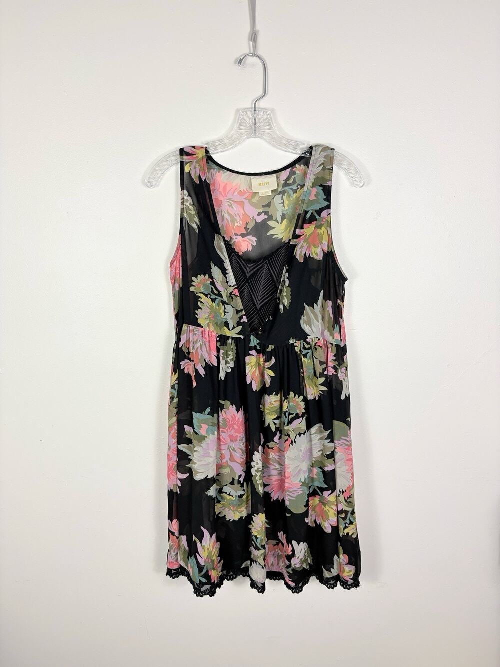 MAEVE Anthropologie Violetta Dress Small Black Floral Chiffon Lace Trim Mini